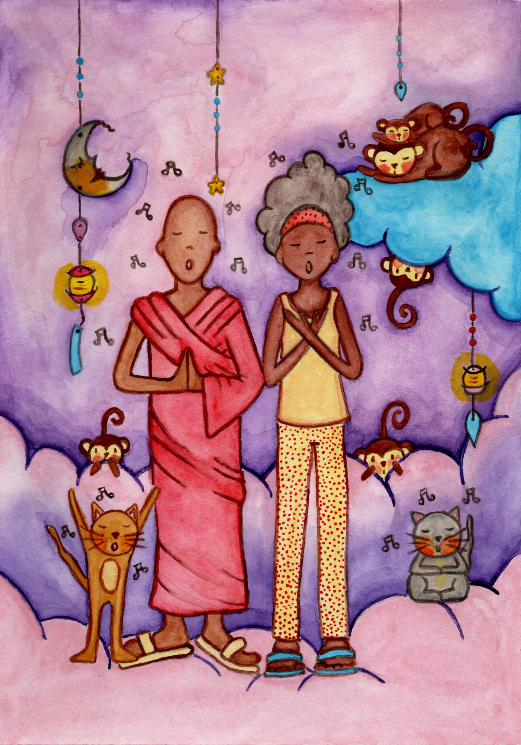 Image of Monk woman and cats chanting to calm their minds.