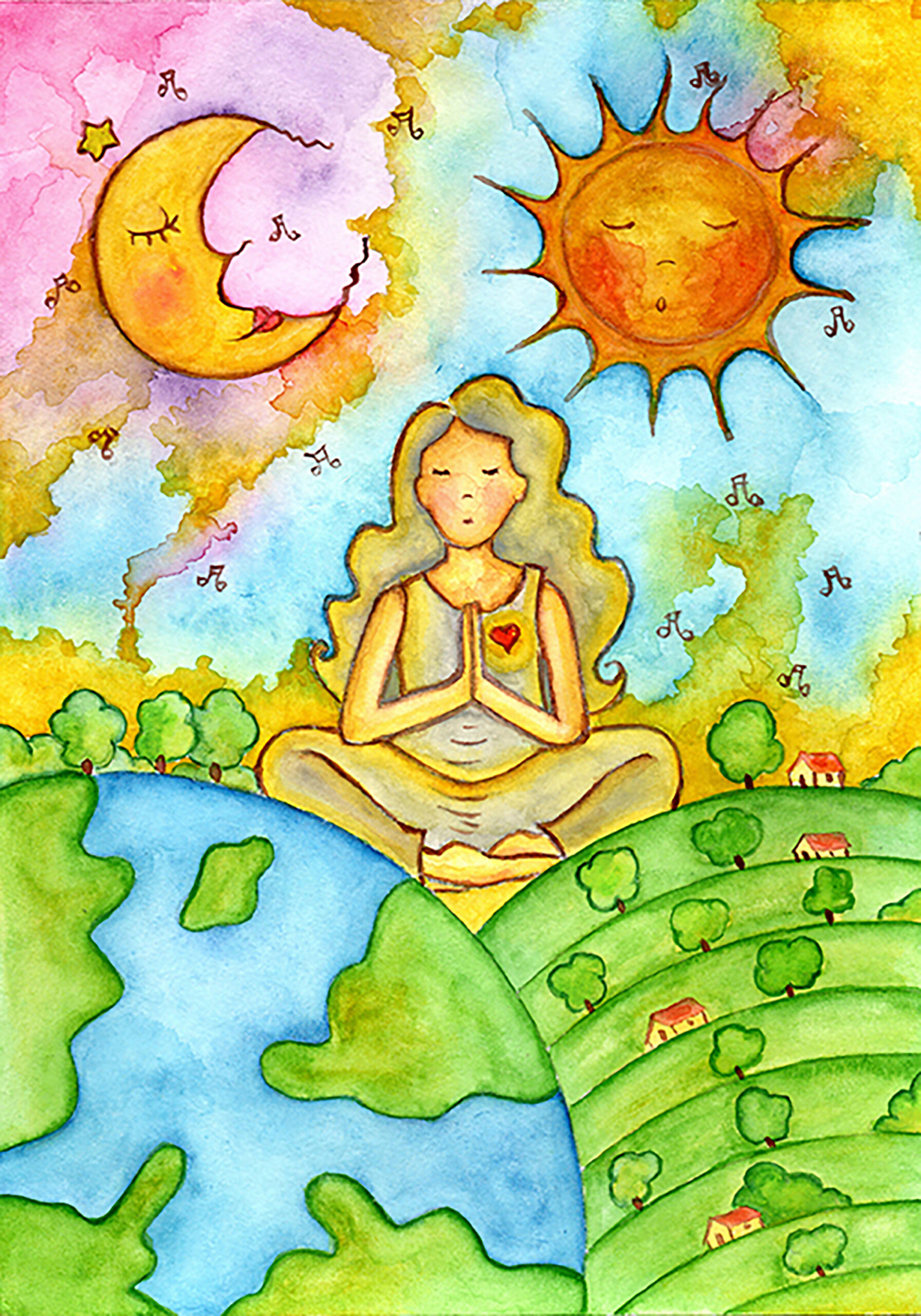 Image of a woman meditating beneath the moon and the sun